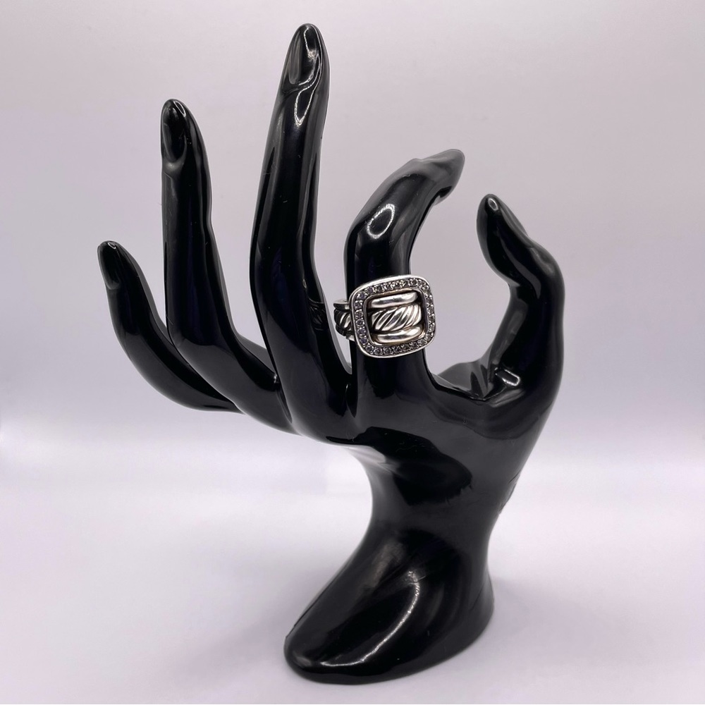 David Yurman Silver Square Cable-Detail Ring with Pavé Halo
